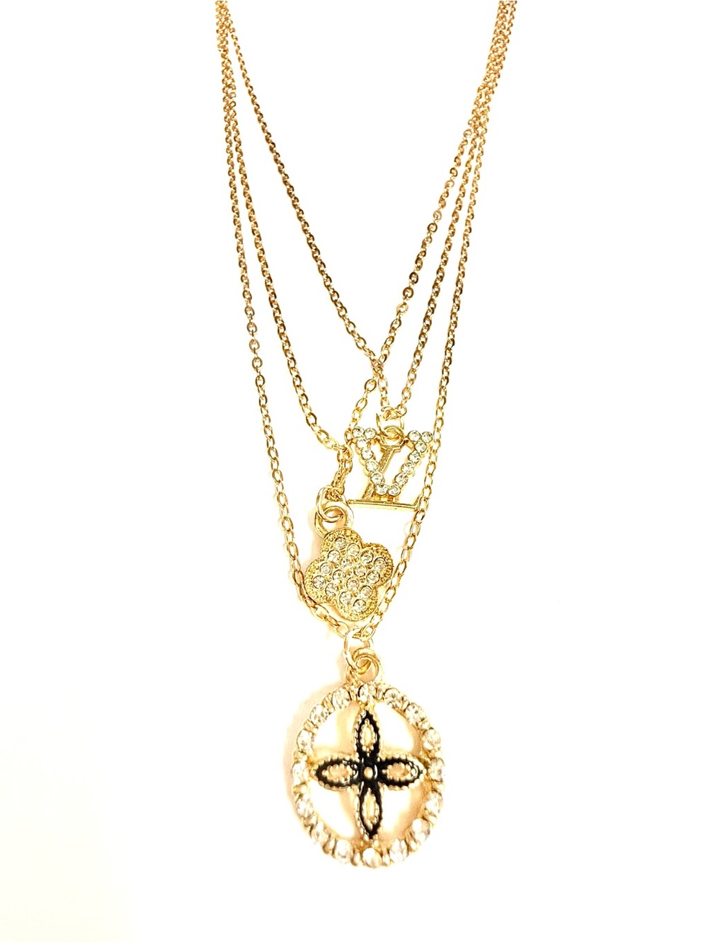 Fashion Jewelry Gold Layered Pendant Necklace with Black Accents
